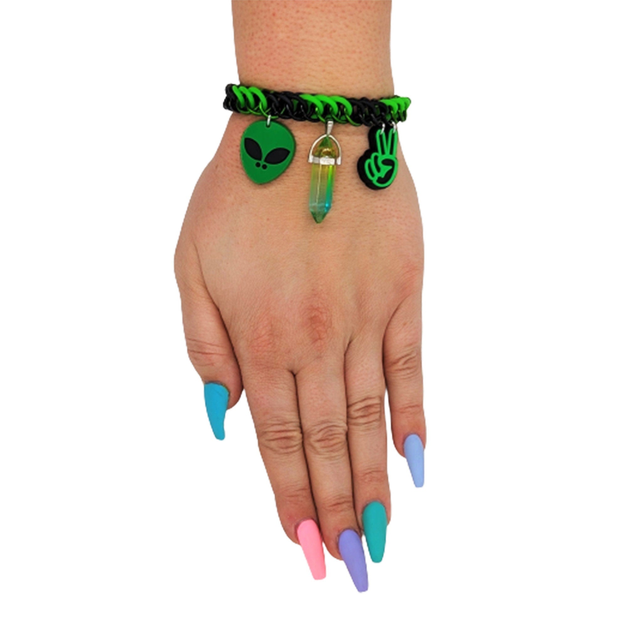 Black & Green Alien Charm Bracelet Gril Hand Wearing